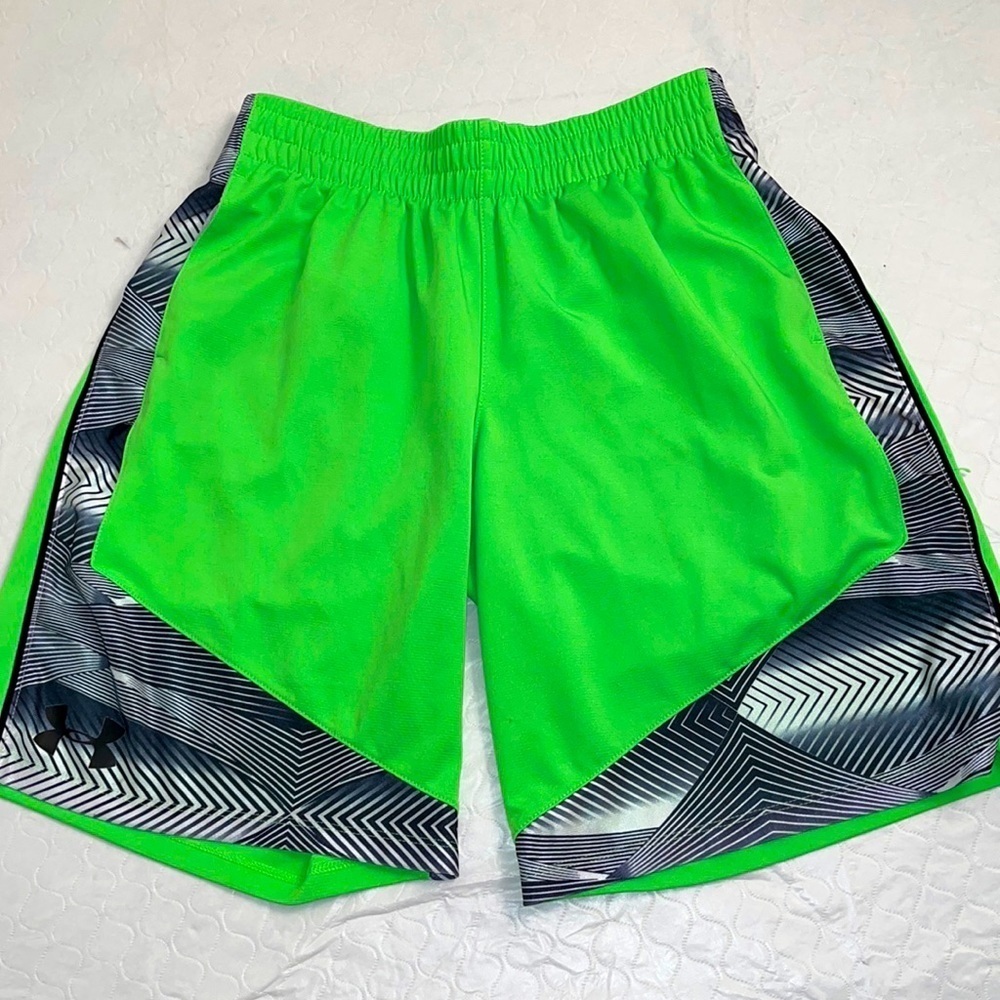 Under Armour neon green and black pattern loose fit athletic shorts YL